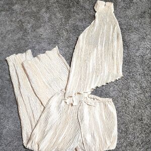 Zara Gold pleated plisse flowy summer elastic waistband pants Medium